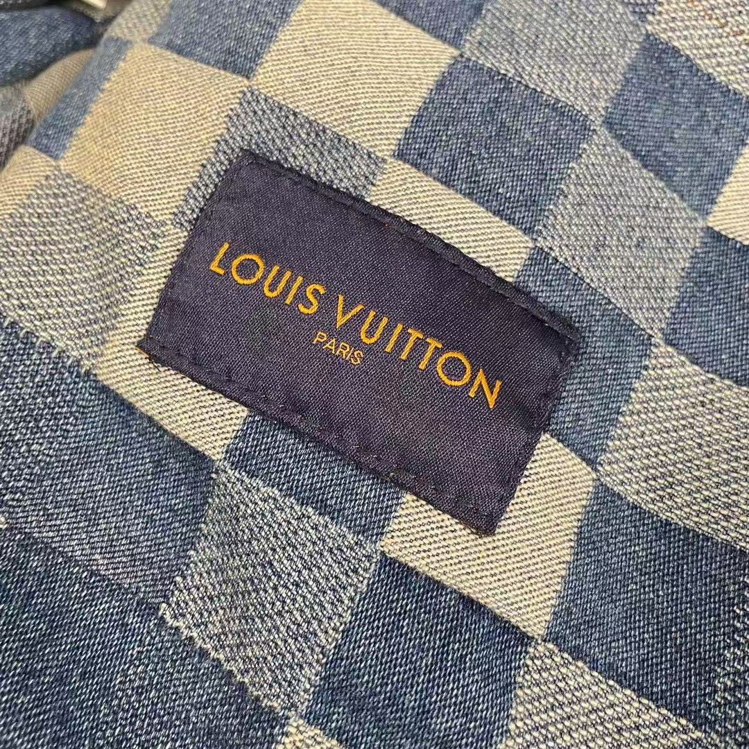 New blue mosaic checkered denim jacket and jeans set