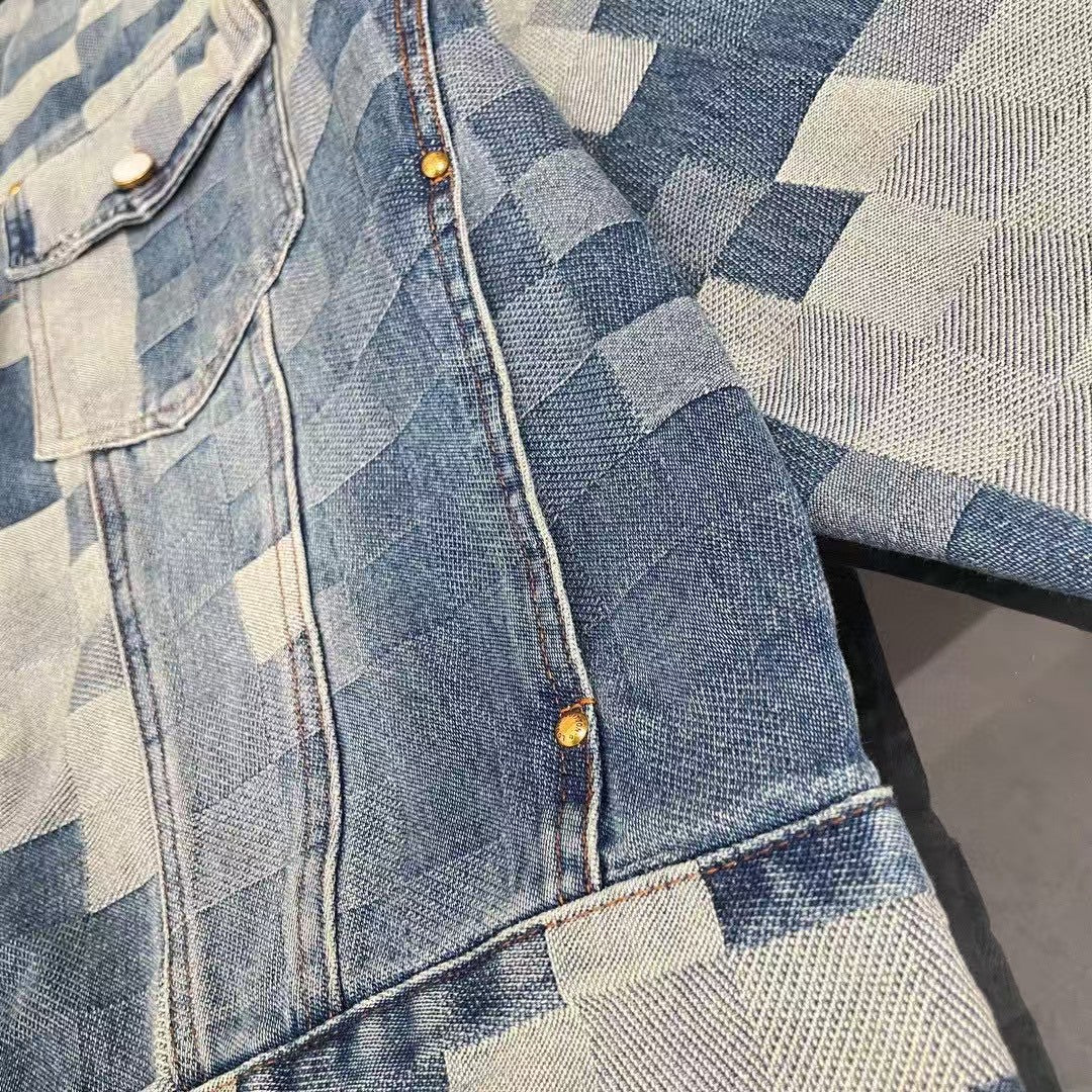 New blue mosaic checkered denim jacket and jeans set