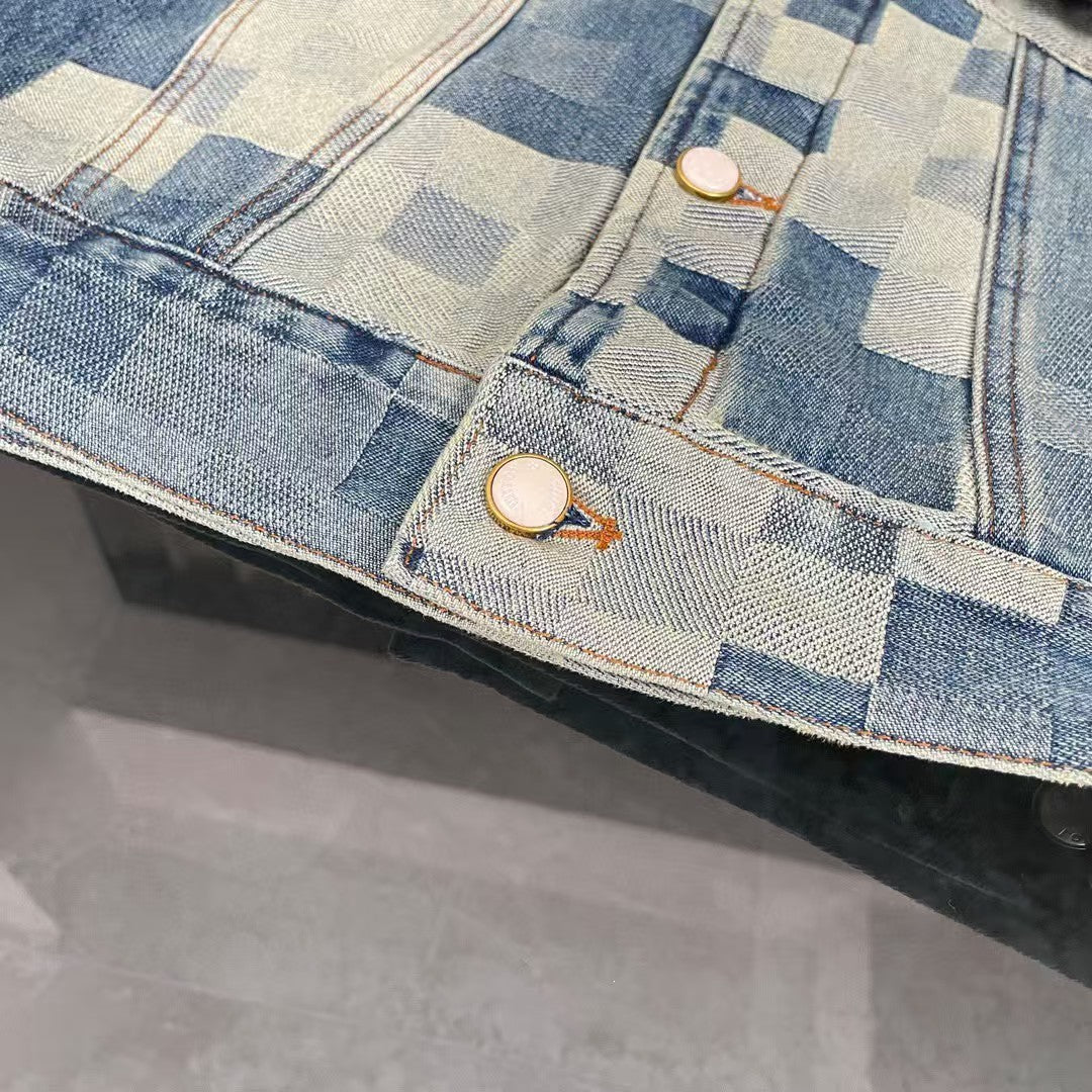 New blue mosaic checkered denim jacket and jeans set