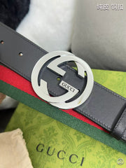 Red and green fabric spliced calf leather men's belt