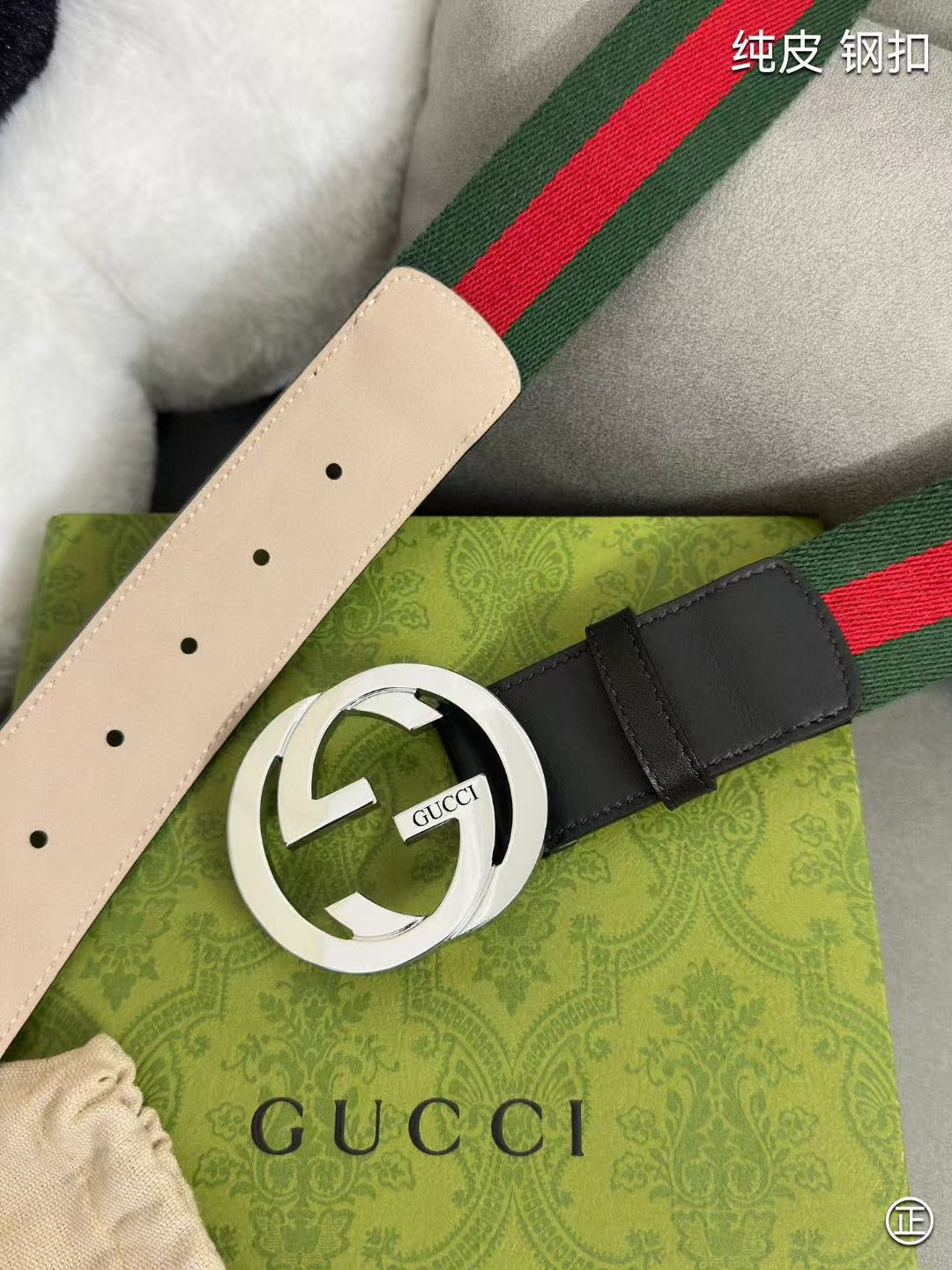 Red and green fabric spliced calf leather men's belt