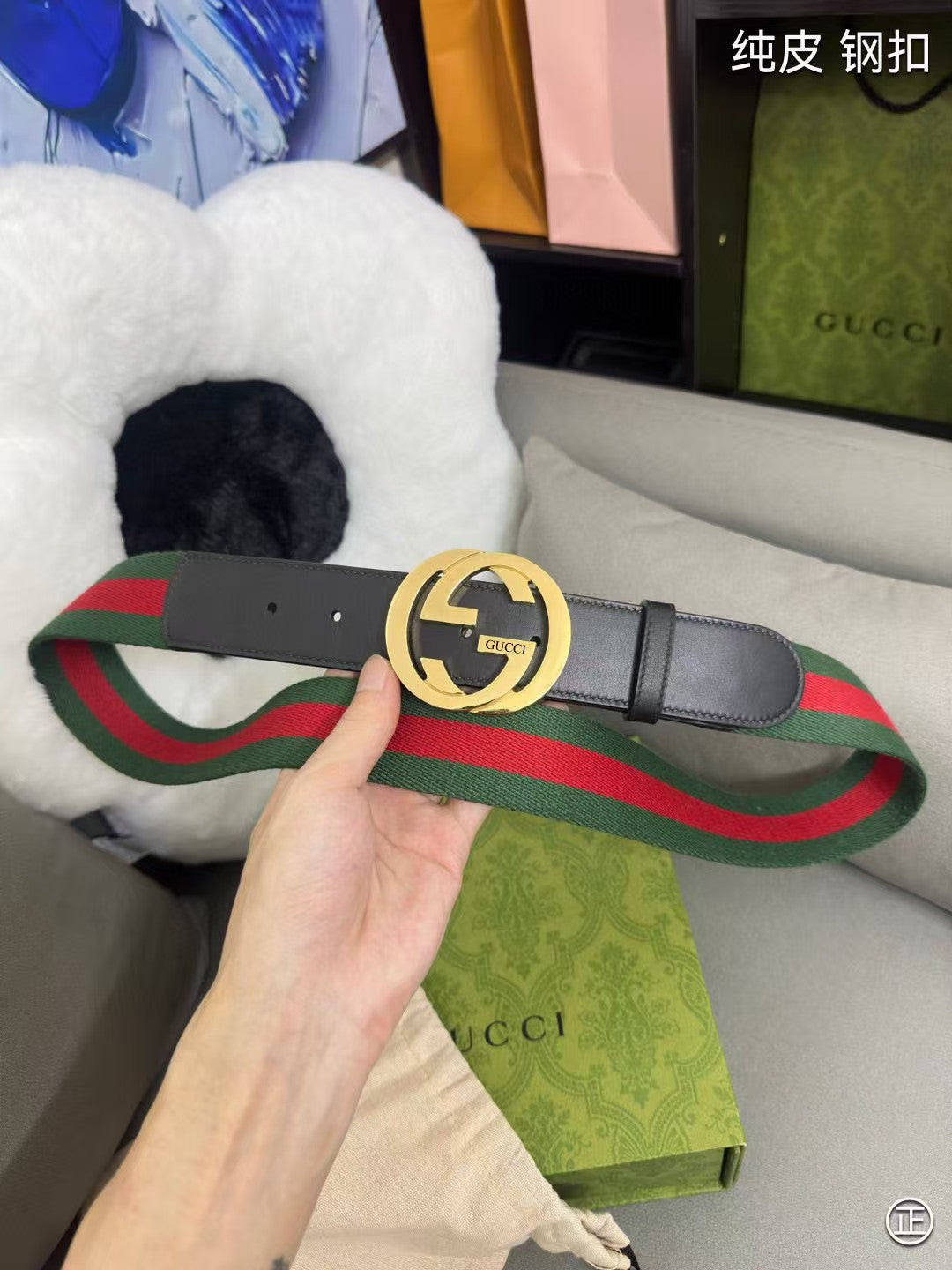 Red and green fabric spliced calf leather men's belt