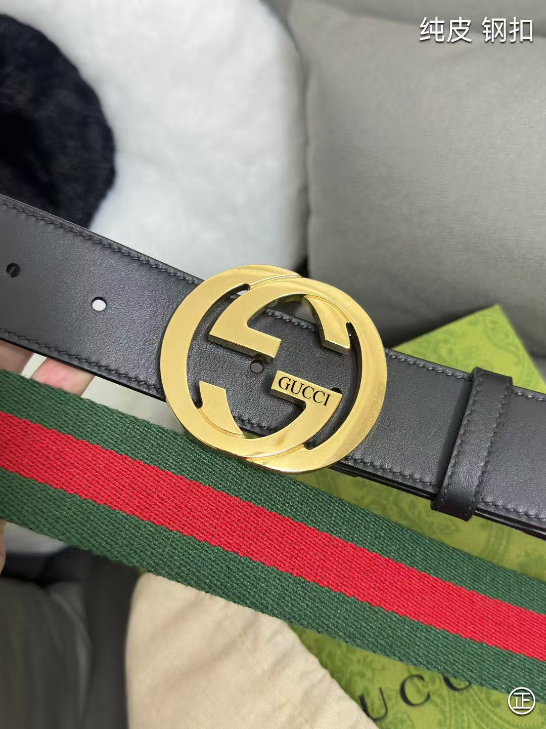 Red and green fabric spliced calf leather men's belt