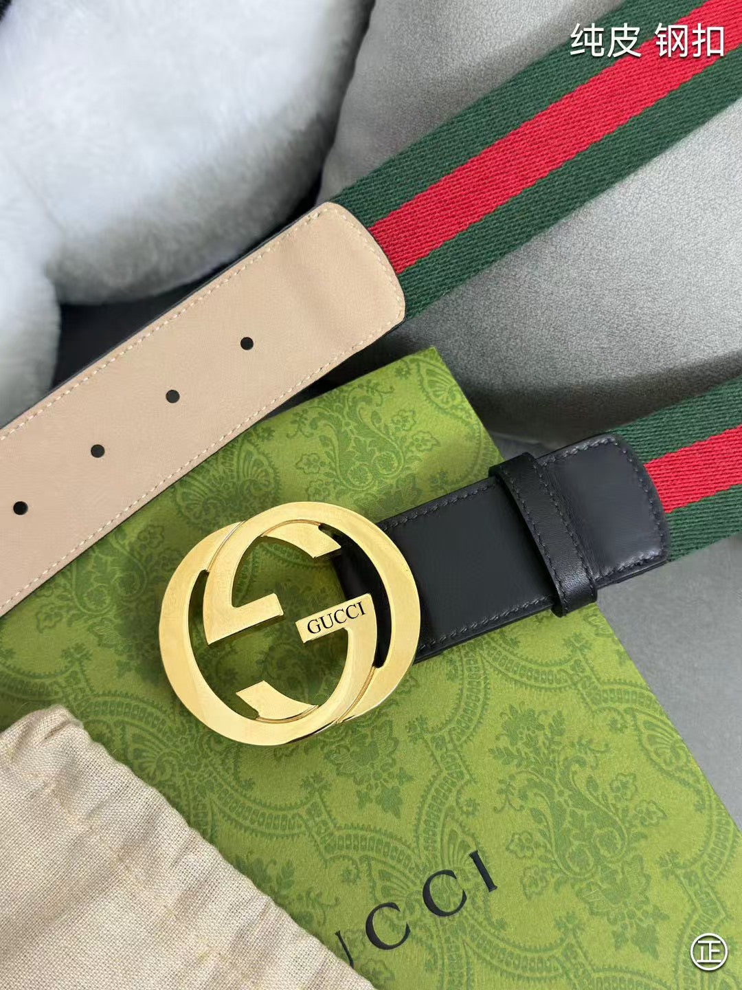 Red and green fabric spliced calf leather men's belt