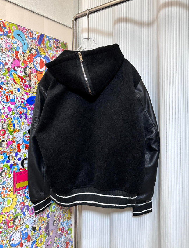 Classic patchwork leather hooded baseball jacket