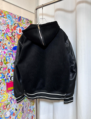 Classic patchwork leather hooded baseball jacket