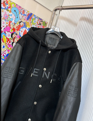 Classic patchwork leather hooded baseball jacket