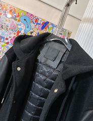 Classic patchwork leather hooded baseball jacket