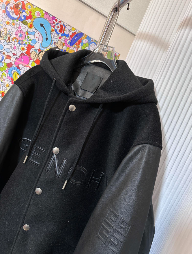 Classic patchwork leather hooded baseball jacket
