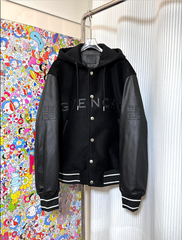 Classic patchwork leather hooded baseball jacket
