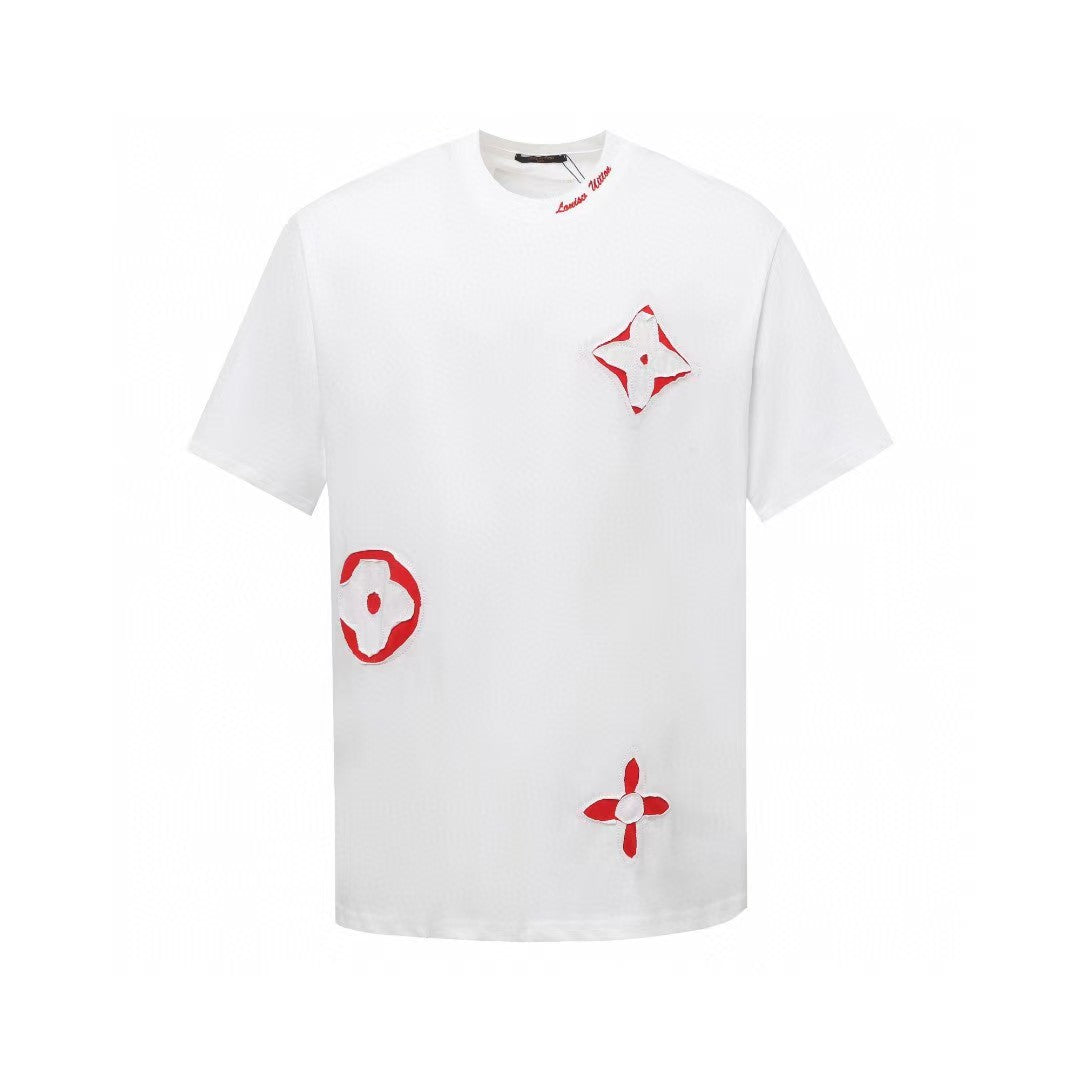 Spring and summer new style color blocking cloth hand cut edge embroidery craft short sleeved T-shirt
