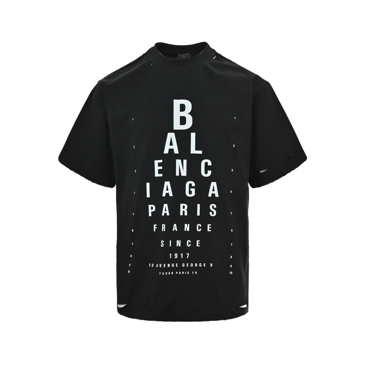 Eye chart knife cuts holes in short sleeves