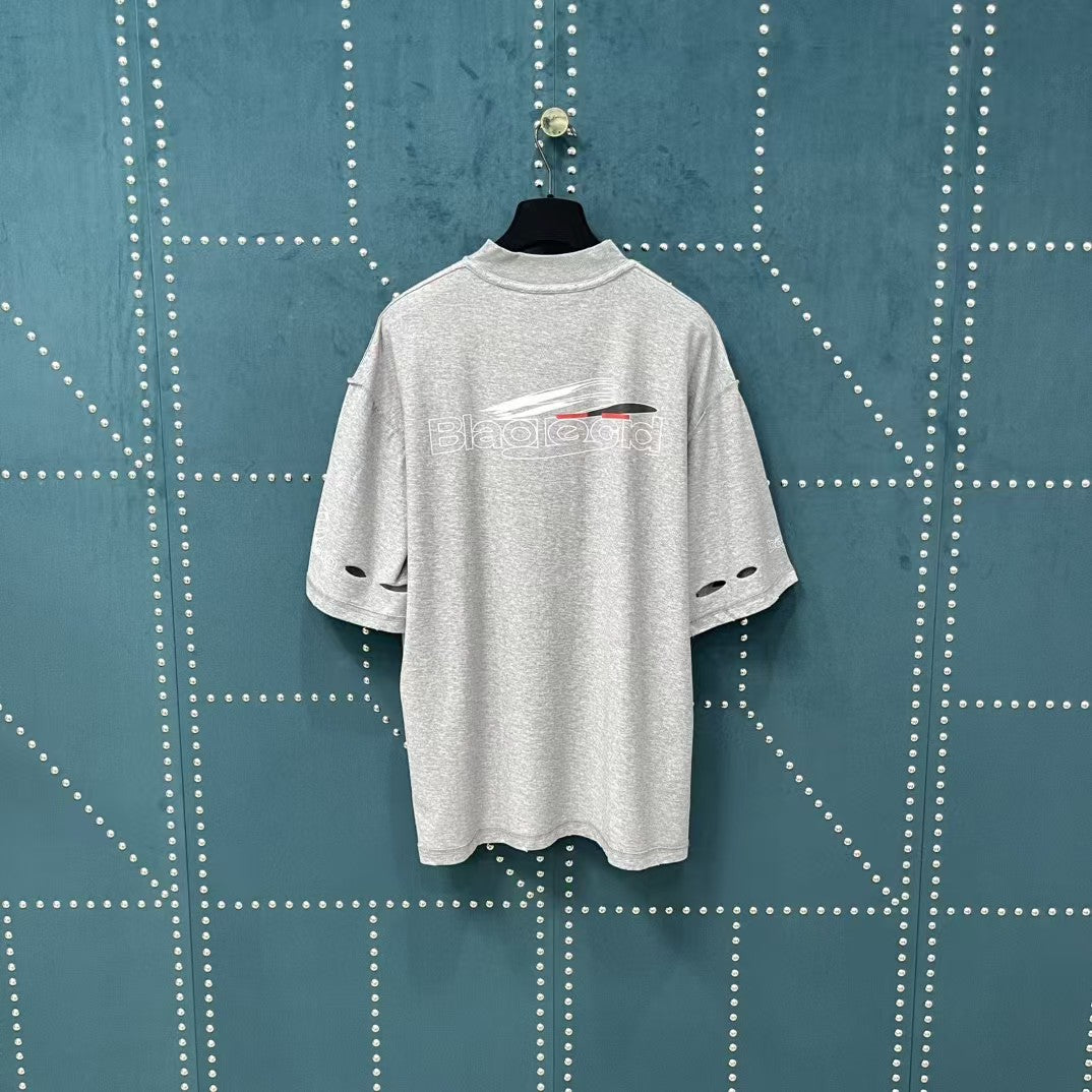 Men's washed hole short sleeved T-shirt