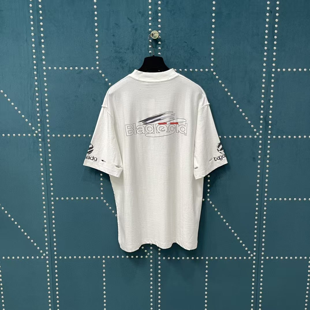 Men's washed hole short sleeved T-shirt