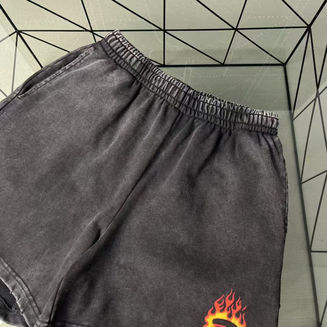 Flame fried snowflake washed ripped shorts