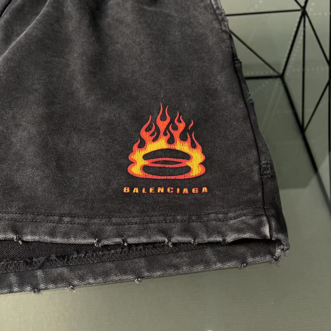 Flame fried snowflake washed ripped shorts