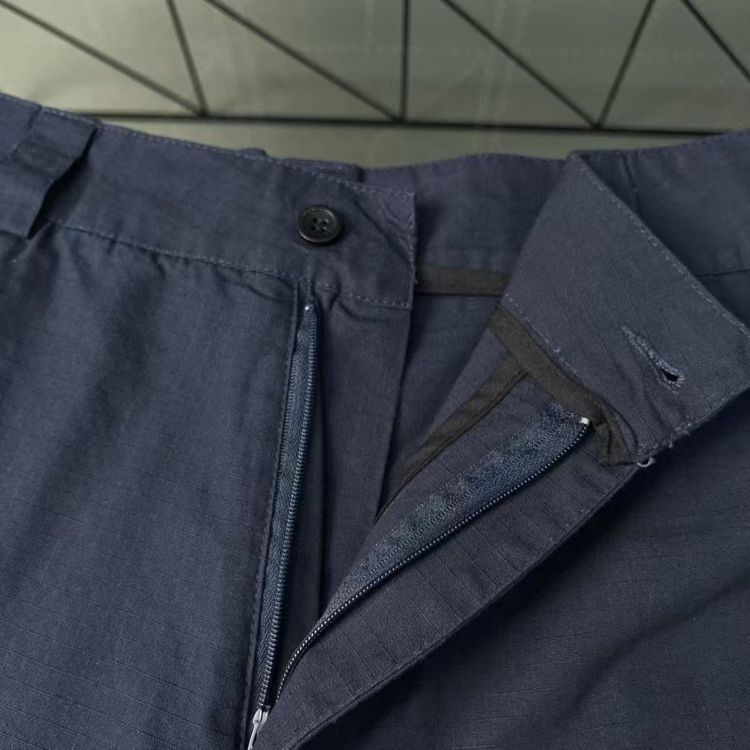 Embroidered three bar navy blue workwear shorts