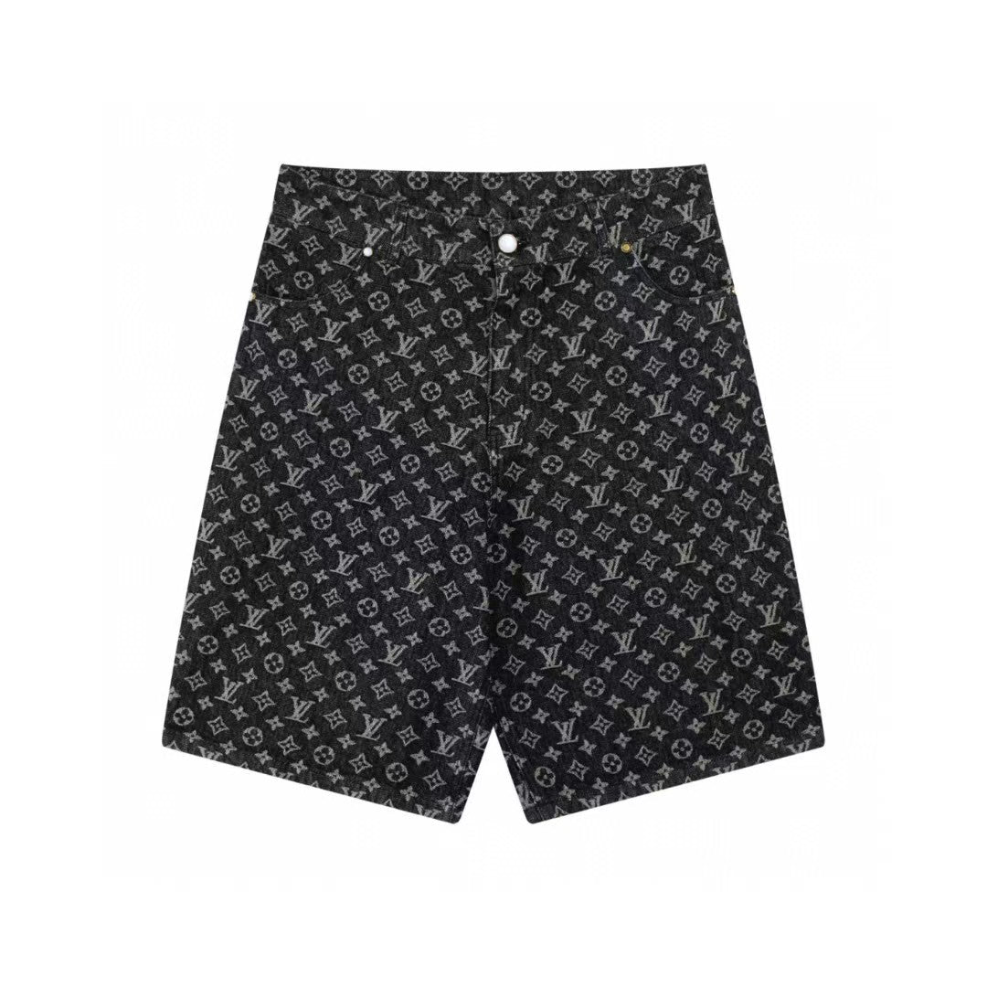Full print pearl buckle vintage denim shorts