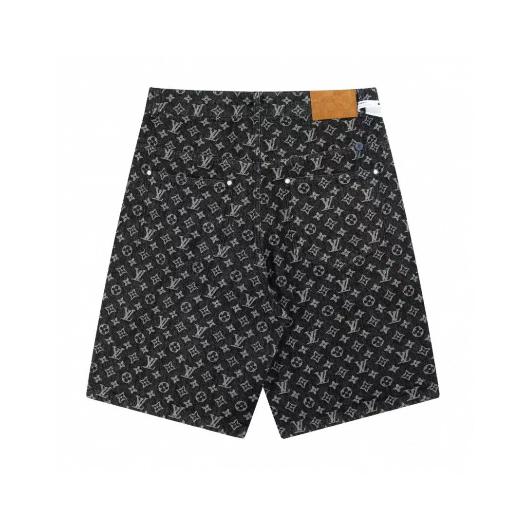 Full print pearl buckle vintage denim shorts