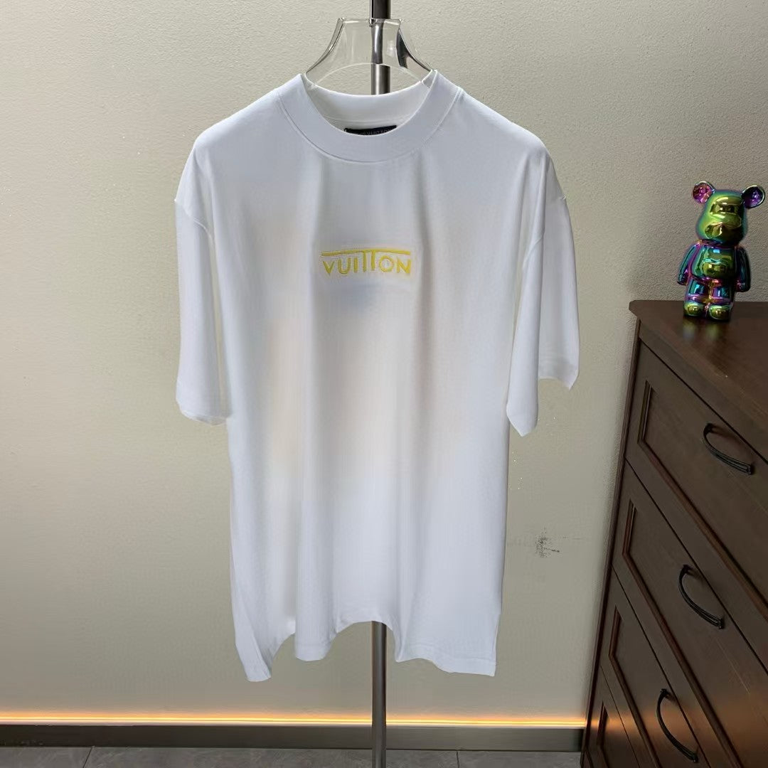 Embroidered round neck T-shirt with adhesive tape