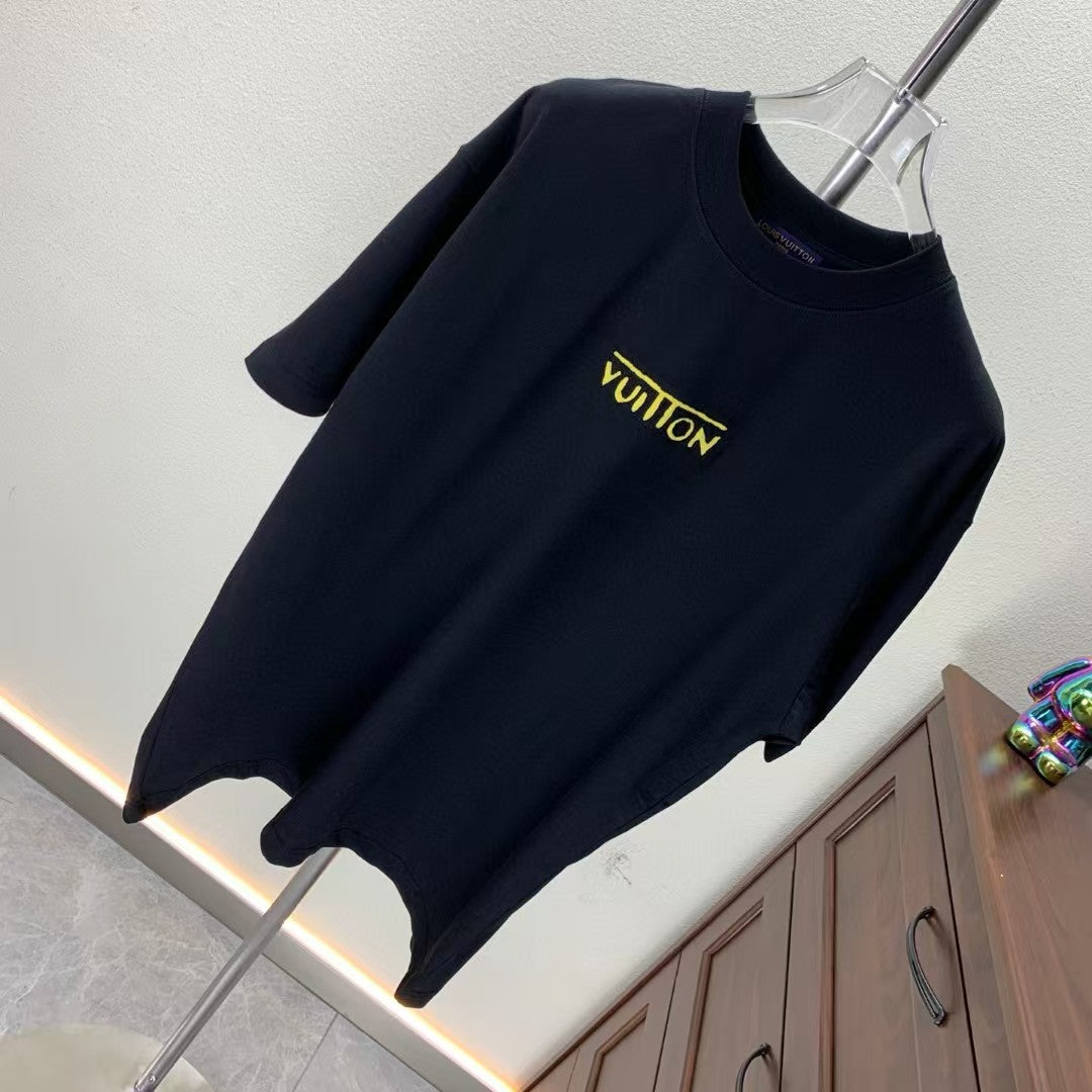 Embroidered round neck T-shirt with adhesive tape