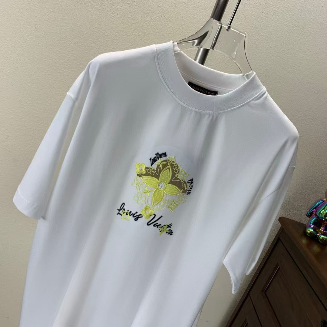 Embroidered round neck T-shirt with adhesive tape