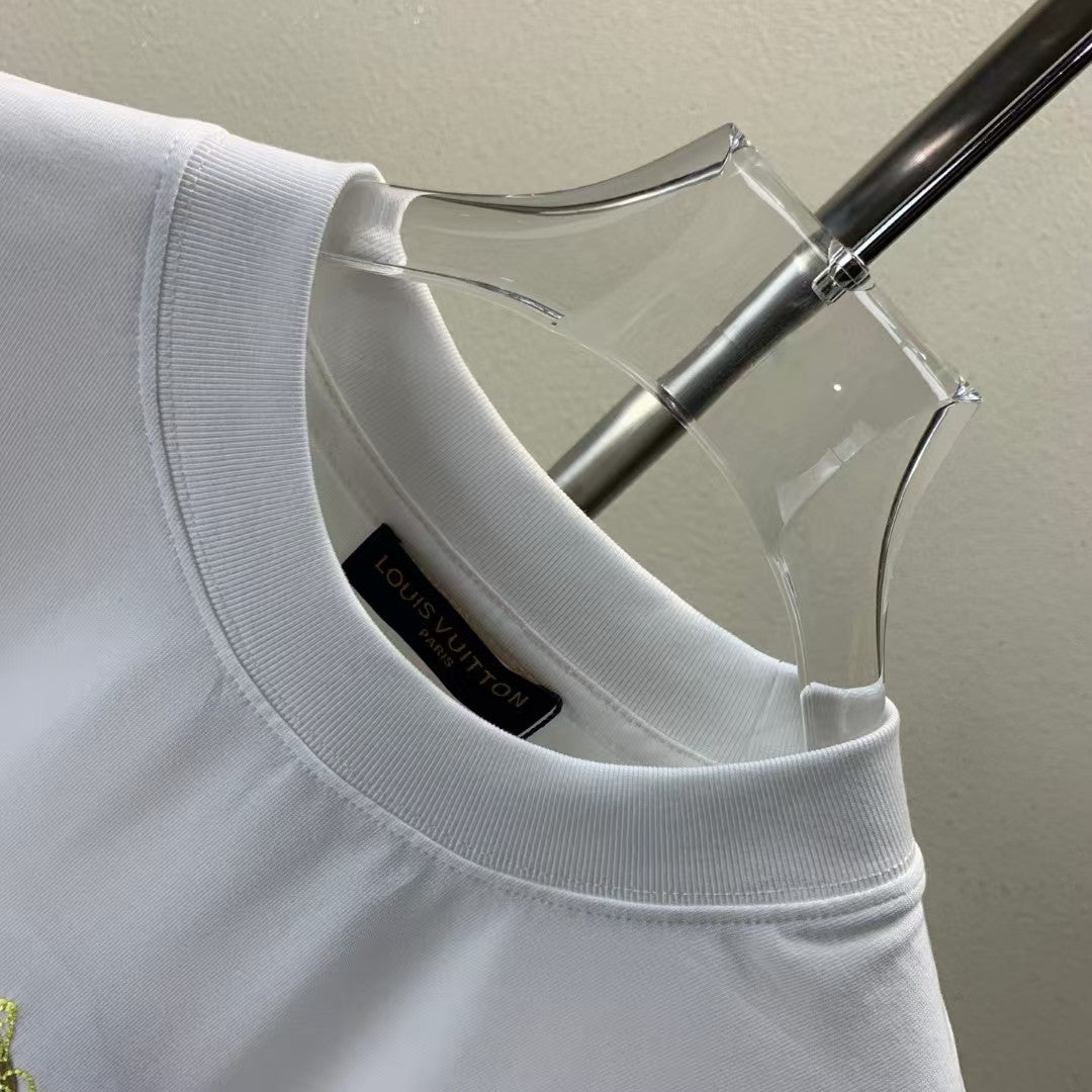 Embroidered round neck T-shirt with adhesive tape