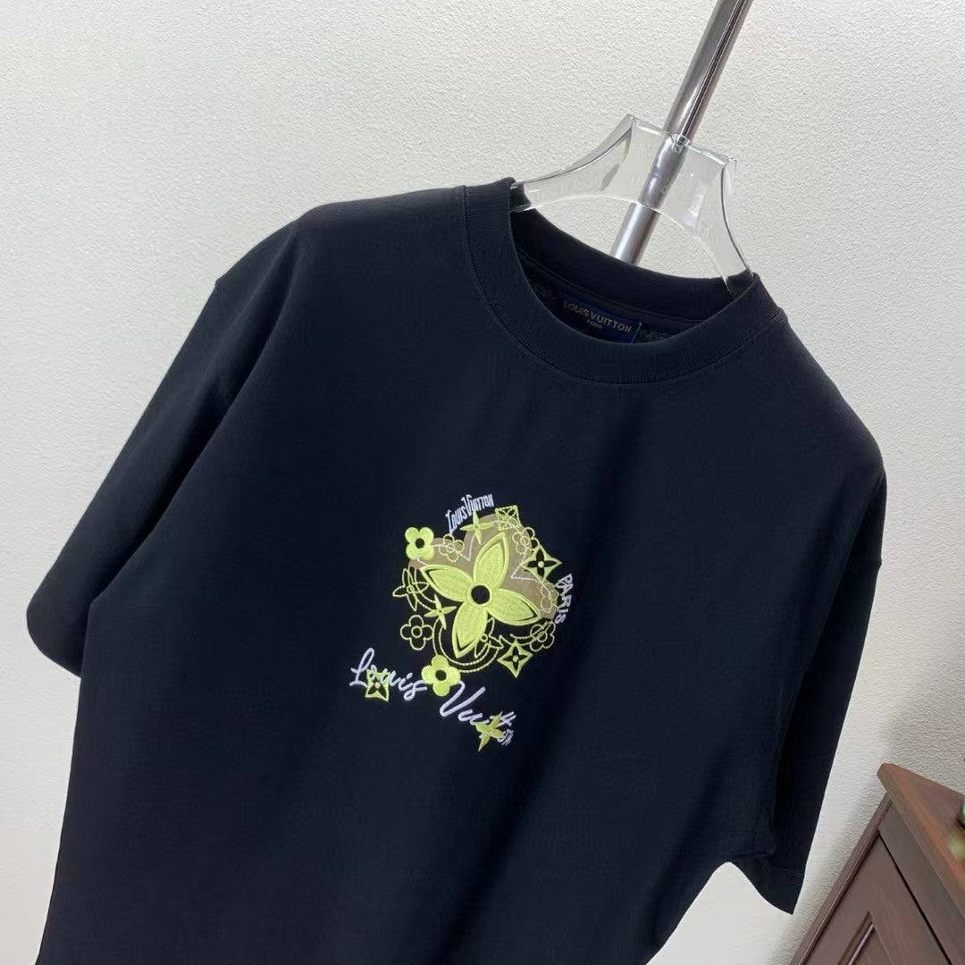 Embroidered round neck T-shirt with adhesive tape