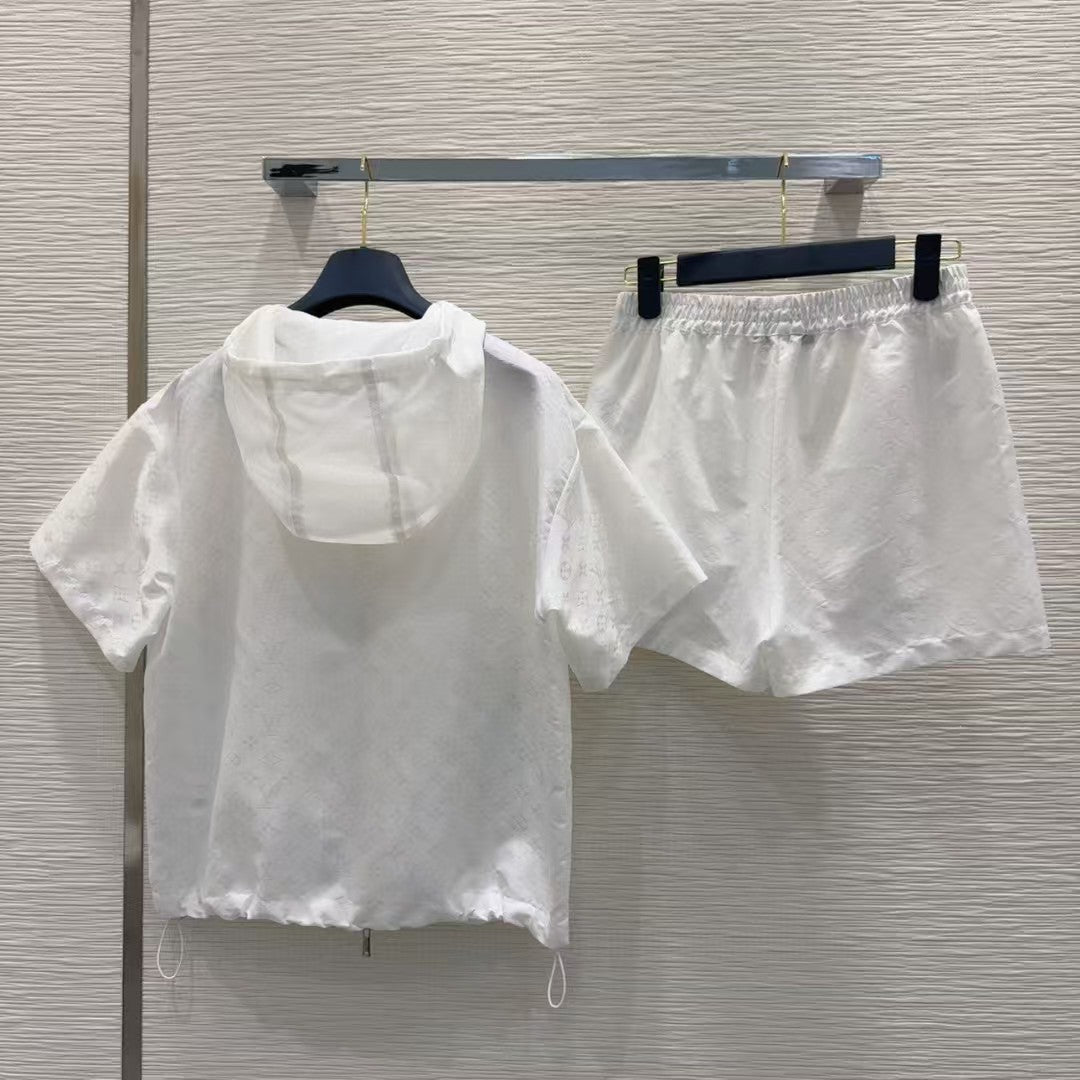 Jacquard hooded jacket shorts set