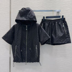 Jacquard hooded jacket shorts set