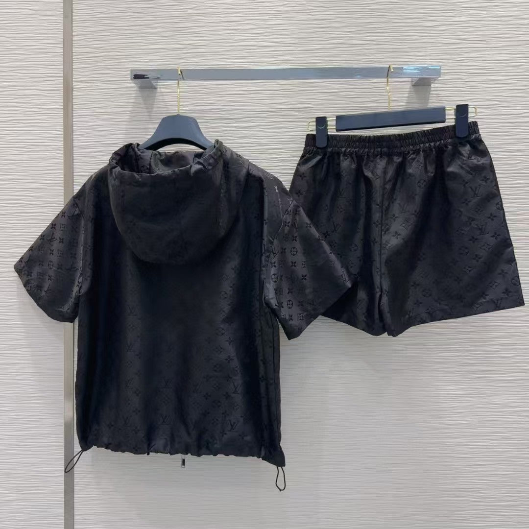 Jacquard hooded jacket shorts set