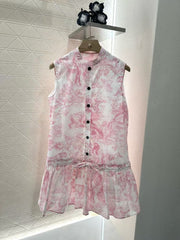 Stand up collar sleeveless printed vest skirt