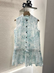 Stand up collar sleeveless printed vest skirt