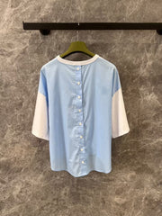 Letter sticker embroidered color blocked round neck short sleeved T-shirt