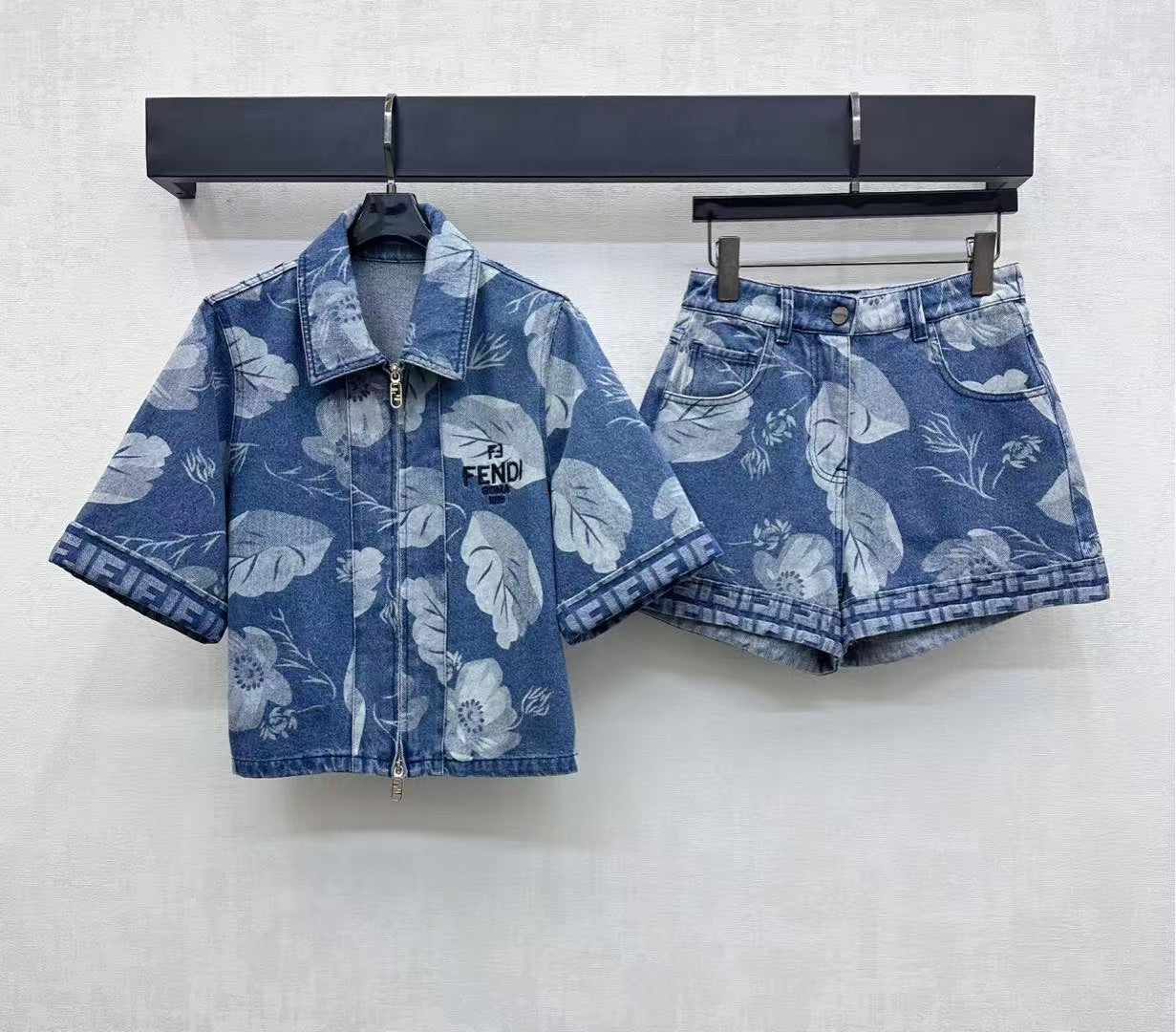 Laser printed denim shorts