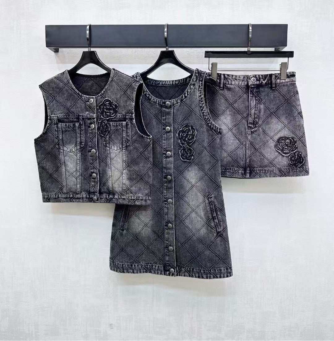 Diamond patterned denim vest skirt