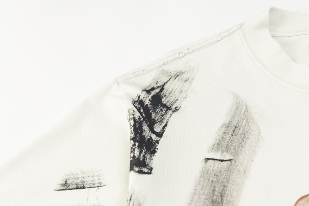 Hand drawn mud distressed printed short sleeved T-shirt