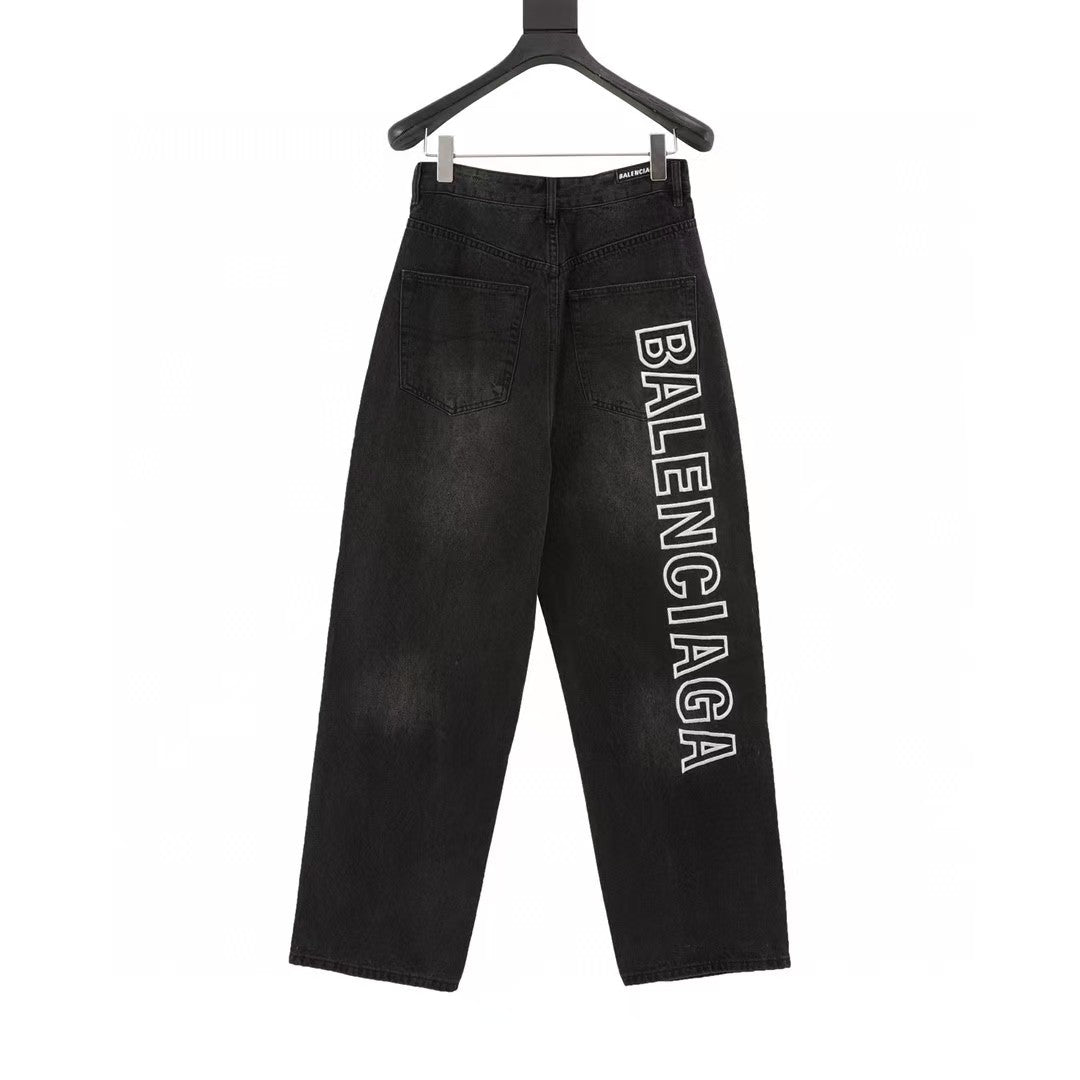 Embroidered letter washed loose wide leg jeans