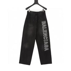 Embroidered letter washed loose wide leg jeans