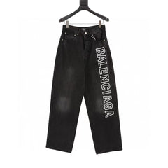 Embroidered letter washed loose wide leg jeans