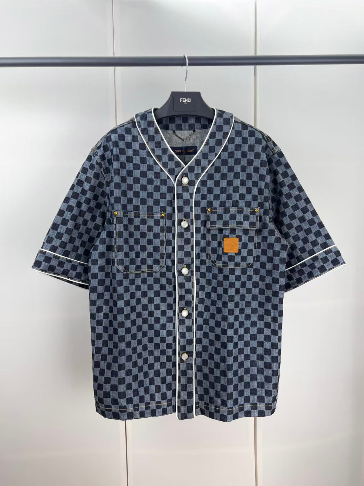 Checkered denim short sleeved jacket
