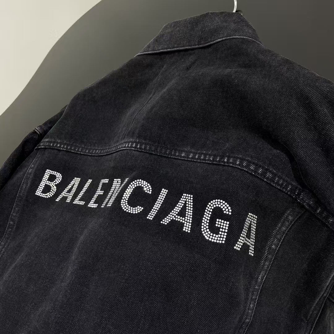 Black grey denim rhinestone jacket