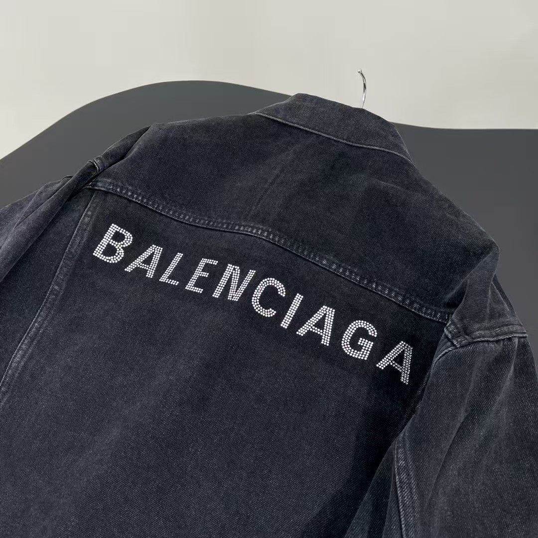 Black grey denim rhinestone jacket