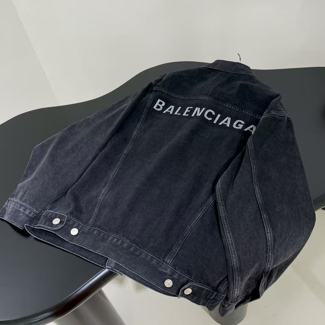 Black grey denim rhinestone jacket
