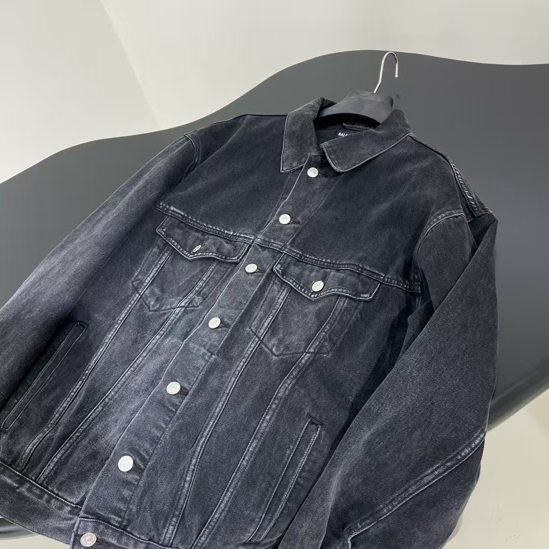 Black grey denim rhinestone jacket