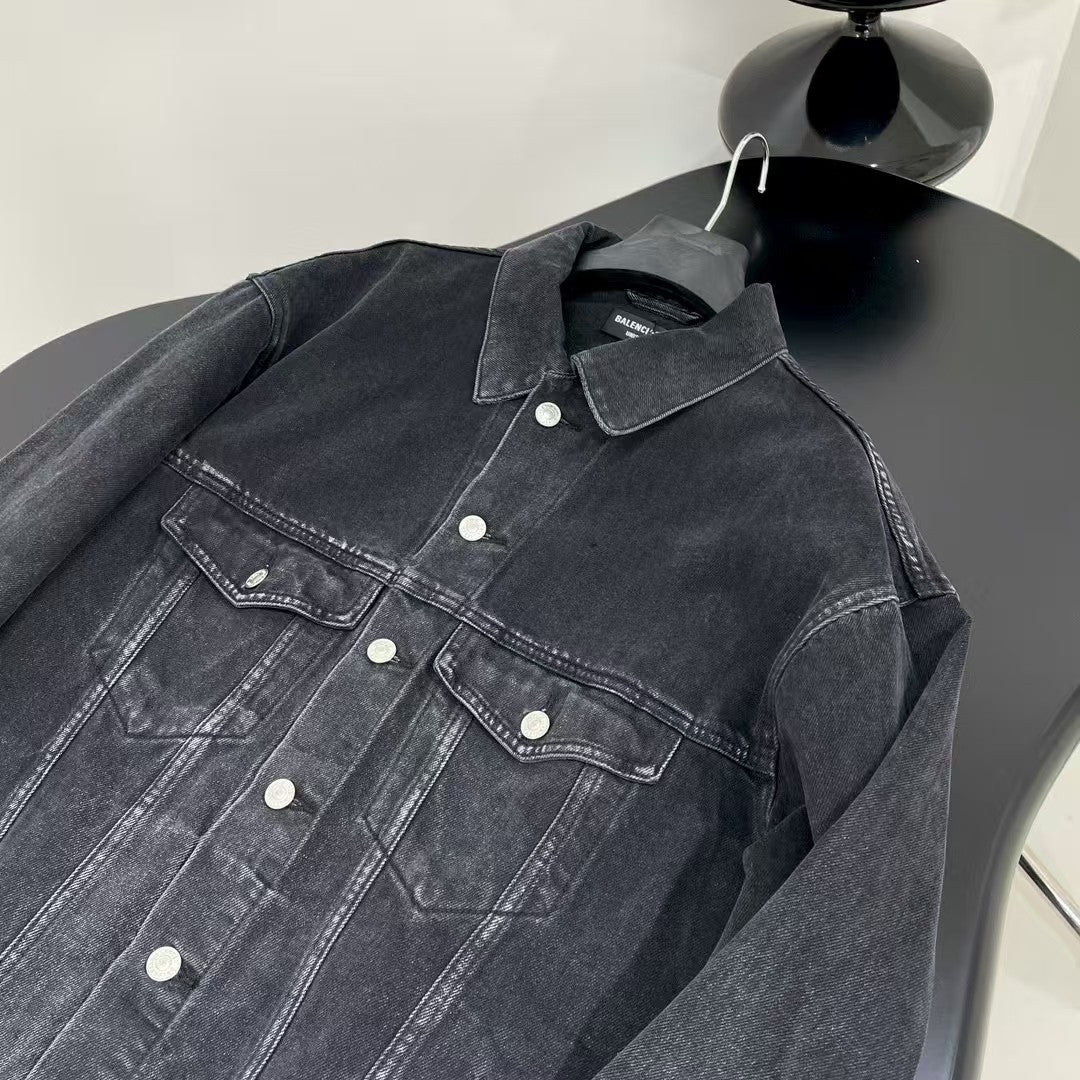 Black grey denim rhinestone jacket