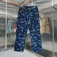Plaid embroidered denim pants