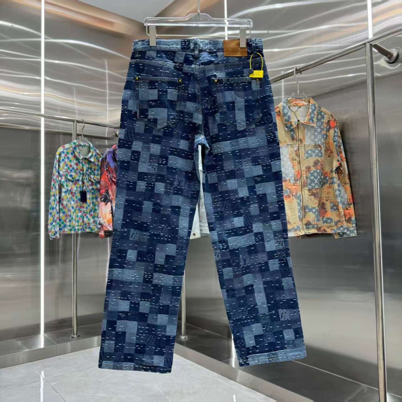 Plaid embroidered denim pants