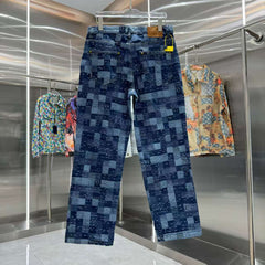 Plaid embroidered denim pants