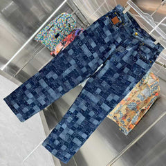 Plaid embroidered denim pants